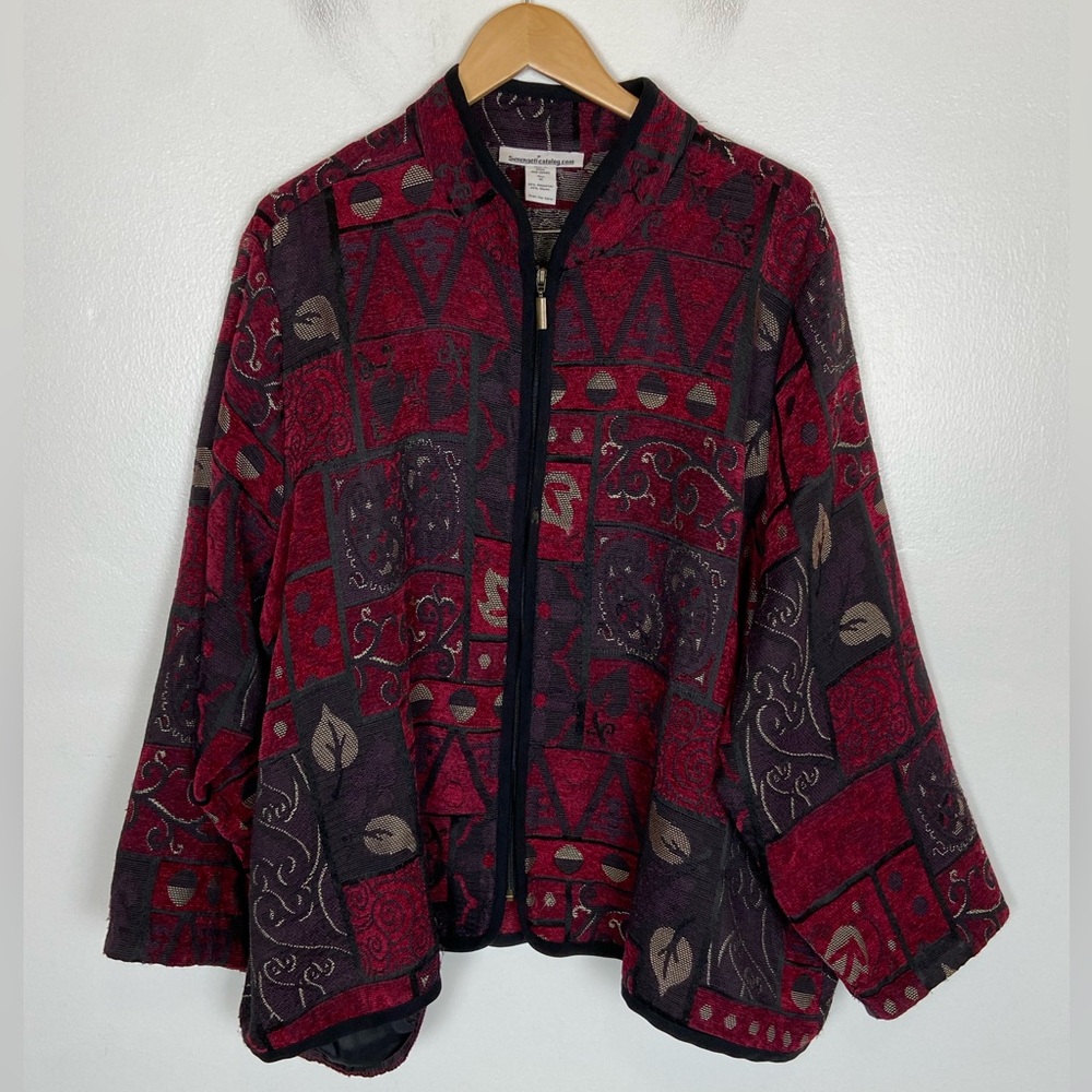 Serengeti Catalog‎ Tapestry Floral Jacket 3X Red Artsy Maximalist Side Pockets
